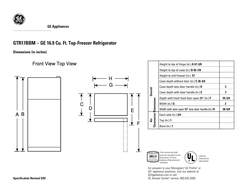 Página 1 del manual Ficha técnica GE GTR17BBMRCC