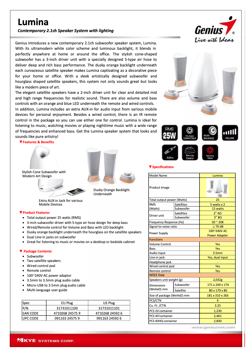 Page 1 de la notice Manuel utilisateur Genius Lumina