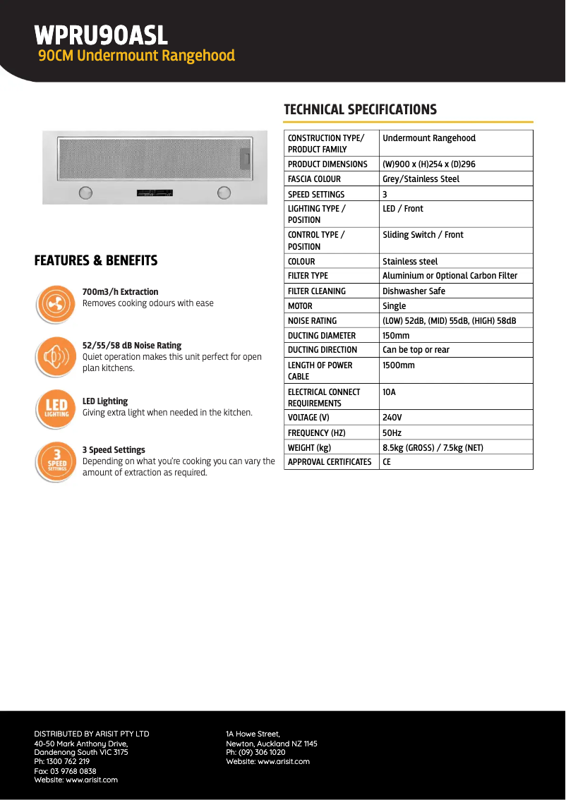 Page 1 de la notice Fiche technique Tisira WPRU90ASL