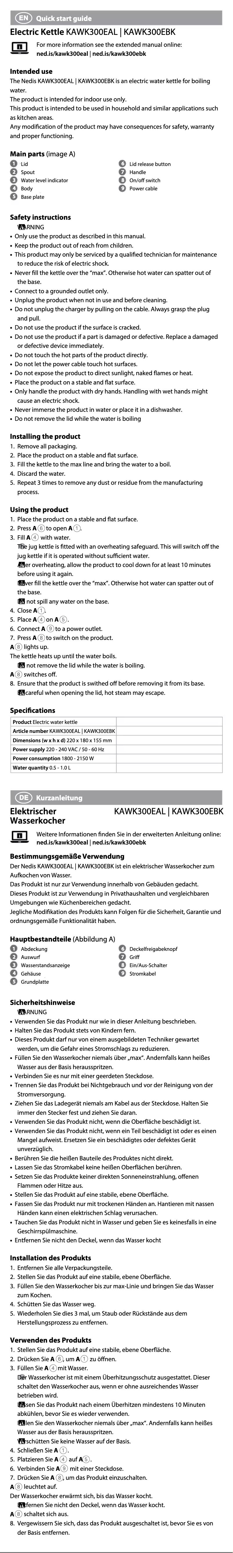 Page 1 de la notice Manuel utilisateur Nedis KAWK300EAL