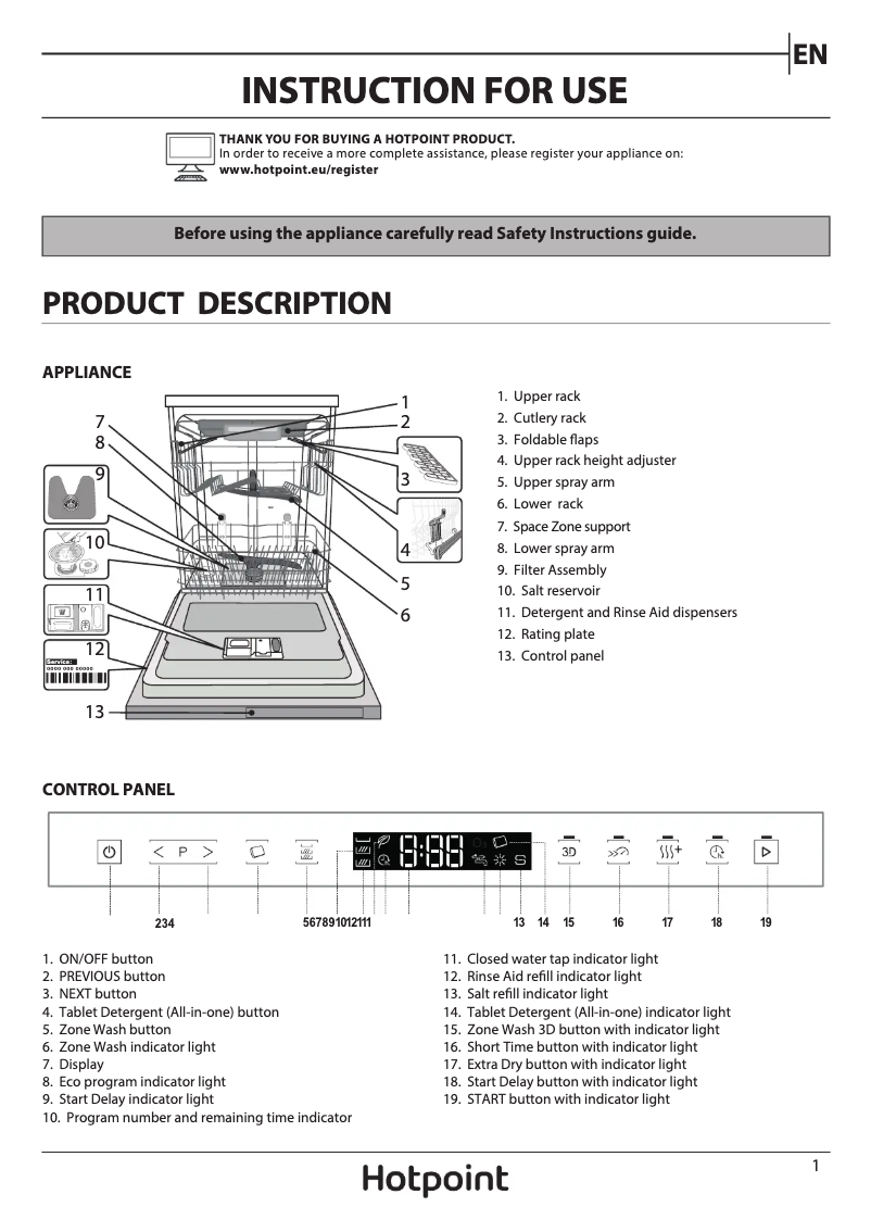 Página 1 del manual Instrucciones / montaje Hotpoint HIP 4O539 WLEGT UK
