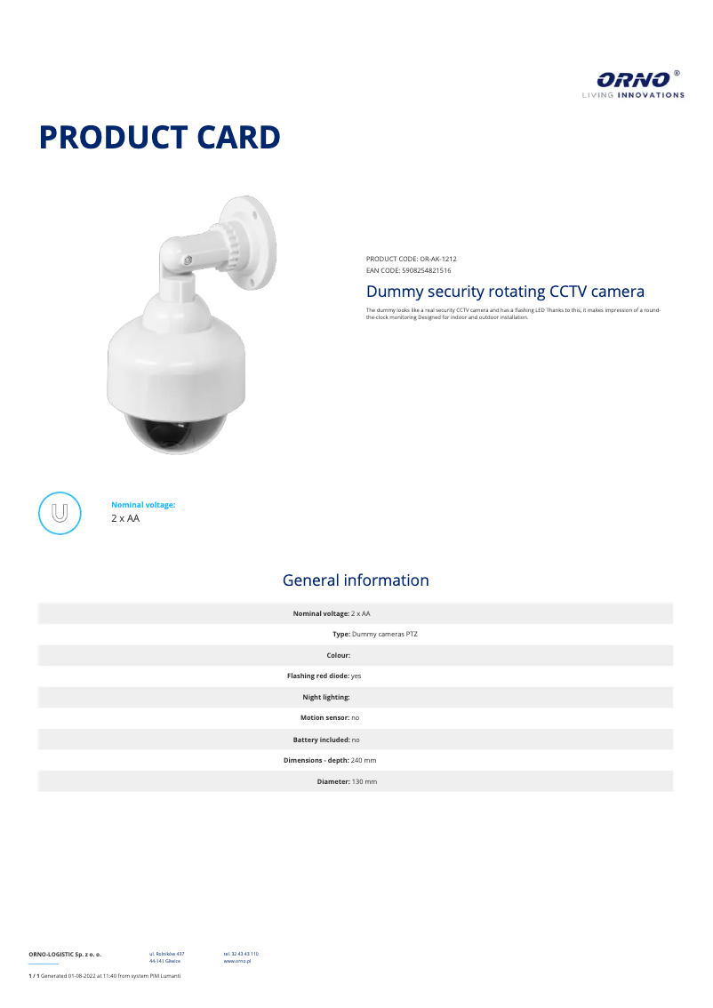 Page 1 of the manual Technical Sheet ORNO OR-AK-1212