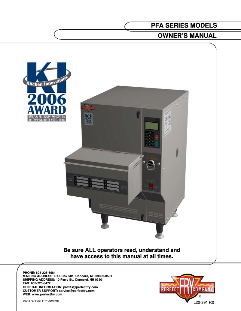 Page 1 de la notice Manuel utilisateur Blodgett PFA720