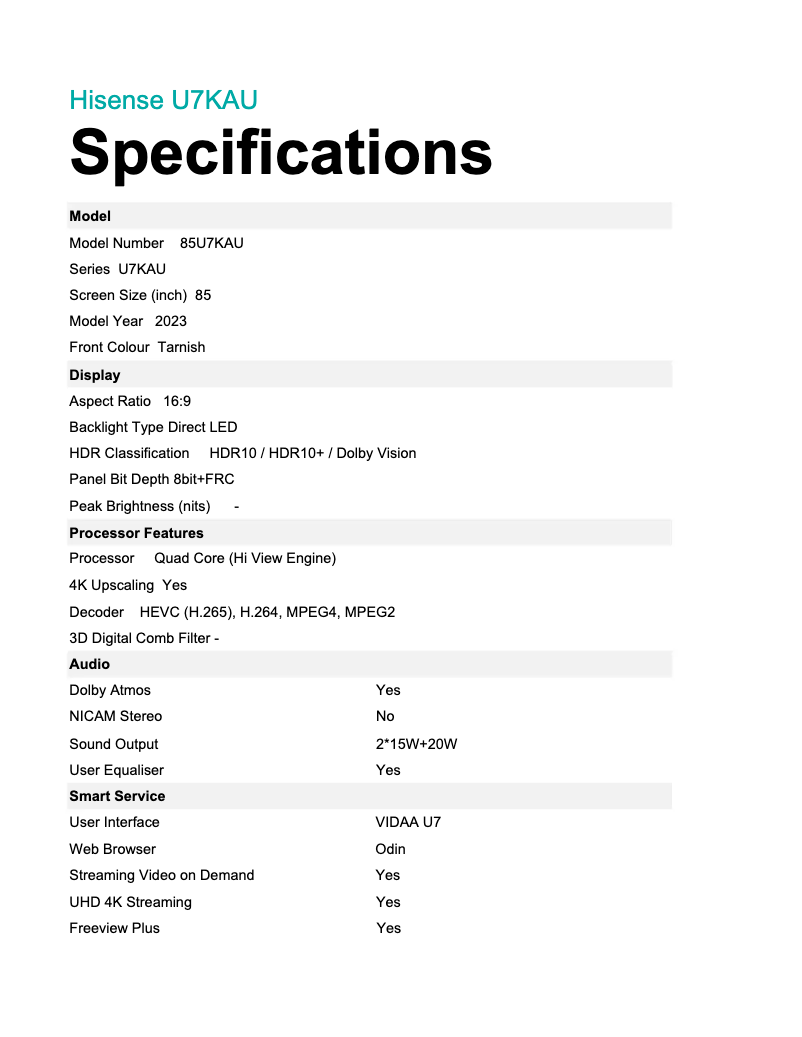 Página 1 del manual Ficha técnica Hisense 85U7KAU