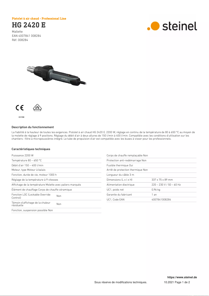 Page 1 de la notice Fiche technique Steinel HG 2420 E