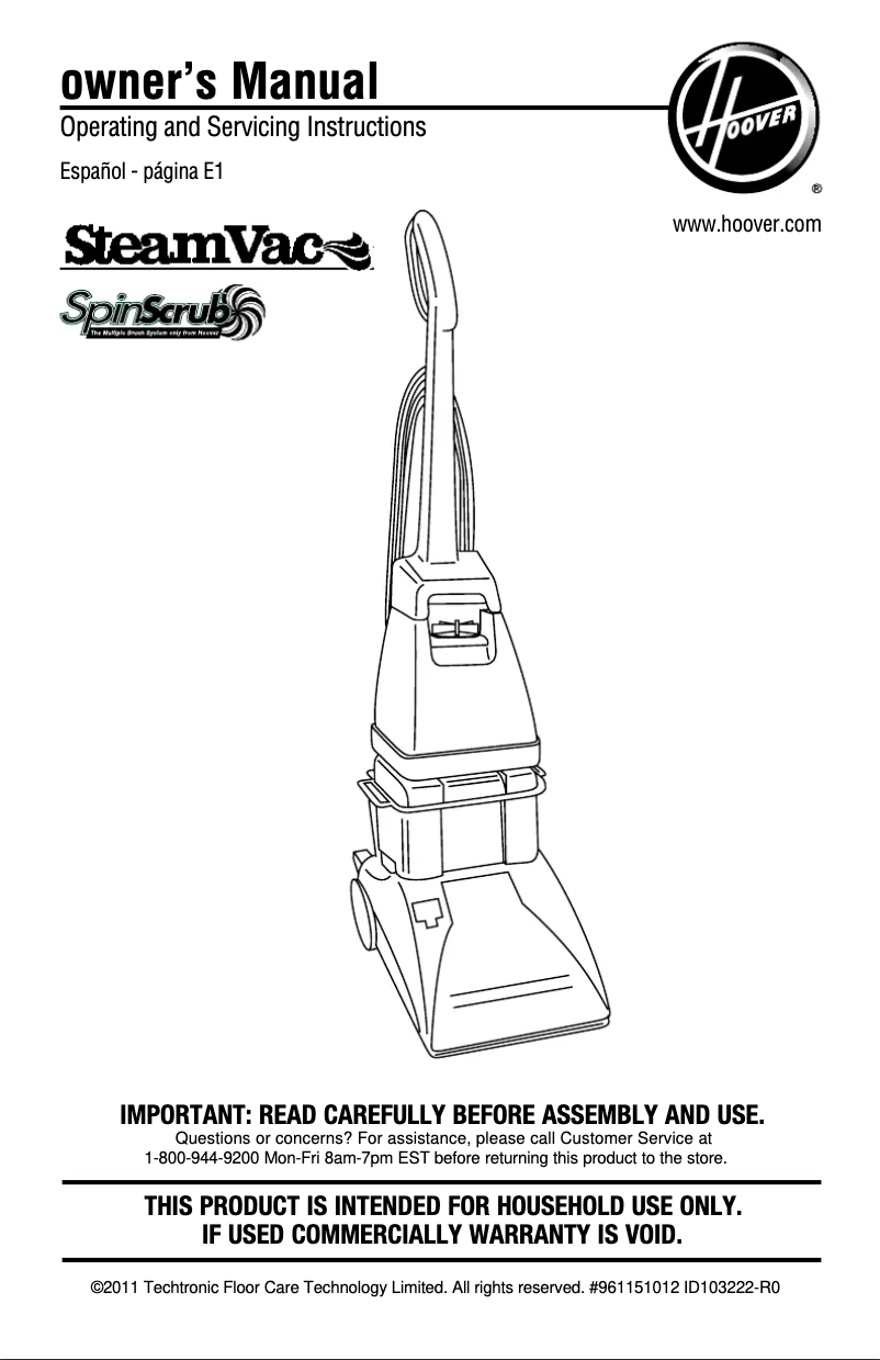 Page 1 de la notice Manuel utilisateur Hoover SteamVac Pet Complete