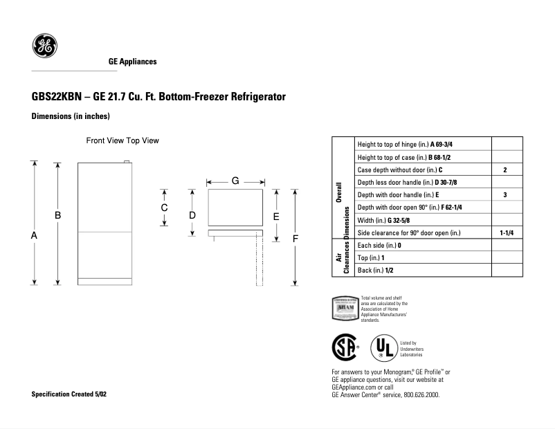 Página 1 del manual Ficha técnica GE GBS22KBNWW
