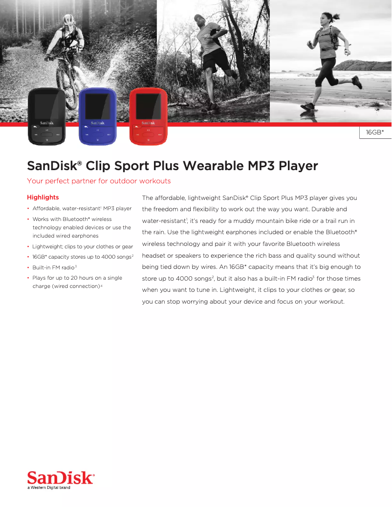 Page 1 de la notice Fiche technique Sandisk Clip Sport Plus