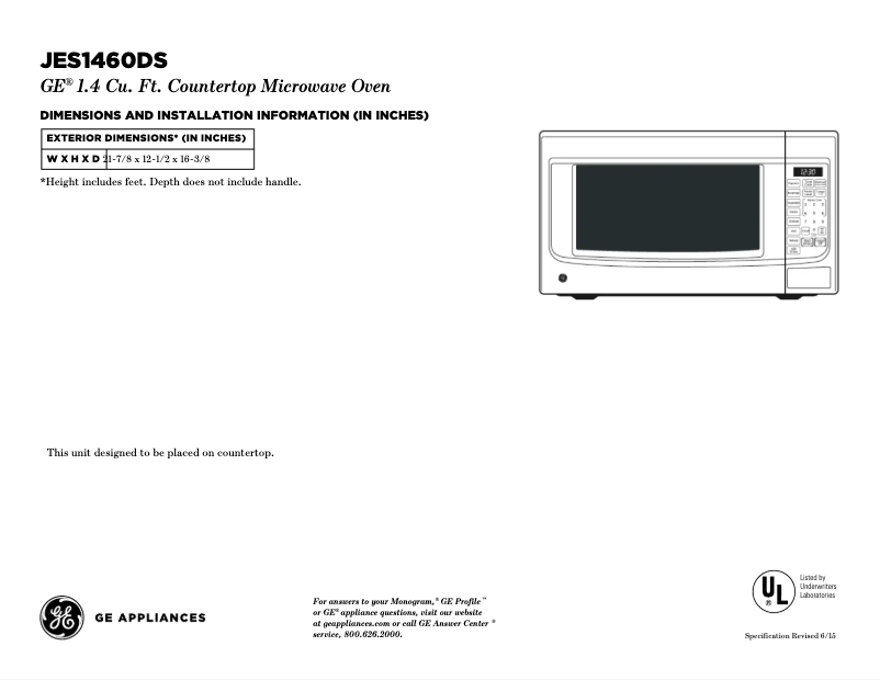 Página 1 del manual Ficha técnica GE JES1460DSWW