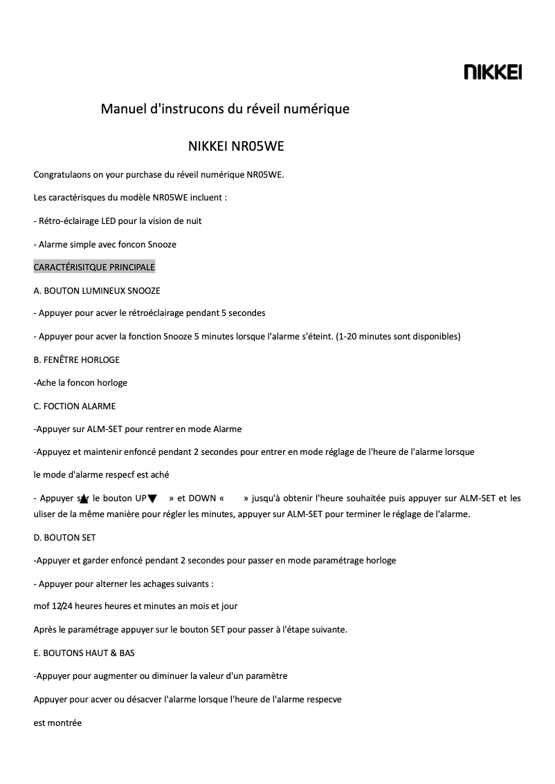 Page 1 de la notice Manuel utilisateur Nikkei NR05WE