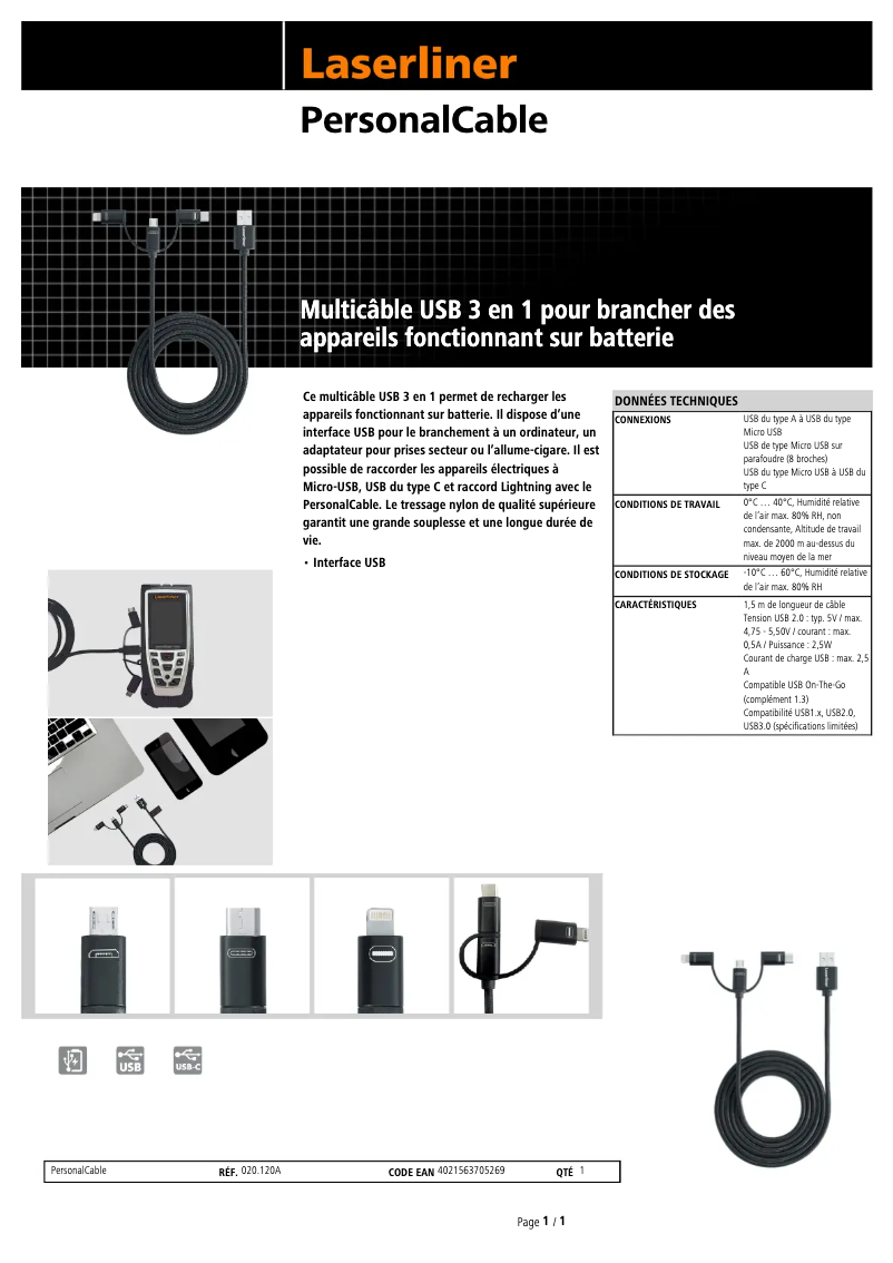 Page 1 de la notice Fiche technique Laserliner PersonalCable