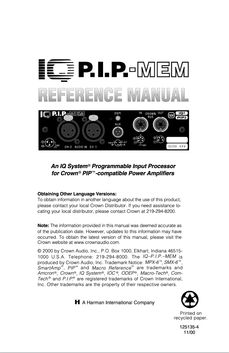 Page 1 de la notice Manuel utilisateur Crown IQ-P.I.P.-MEM