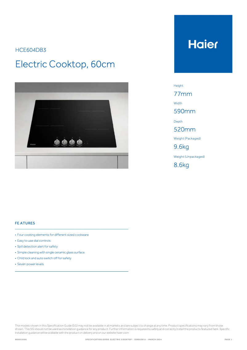 Página 1 del manual Ficha técnica Haier HCE604DB3