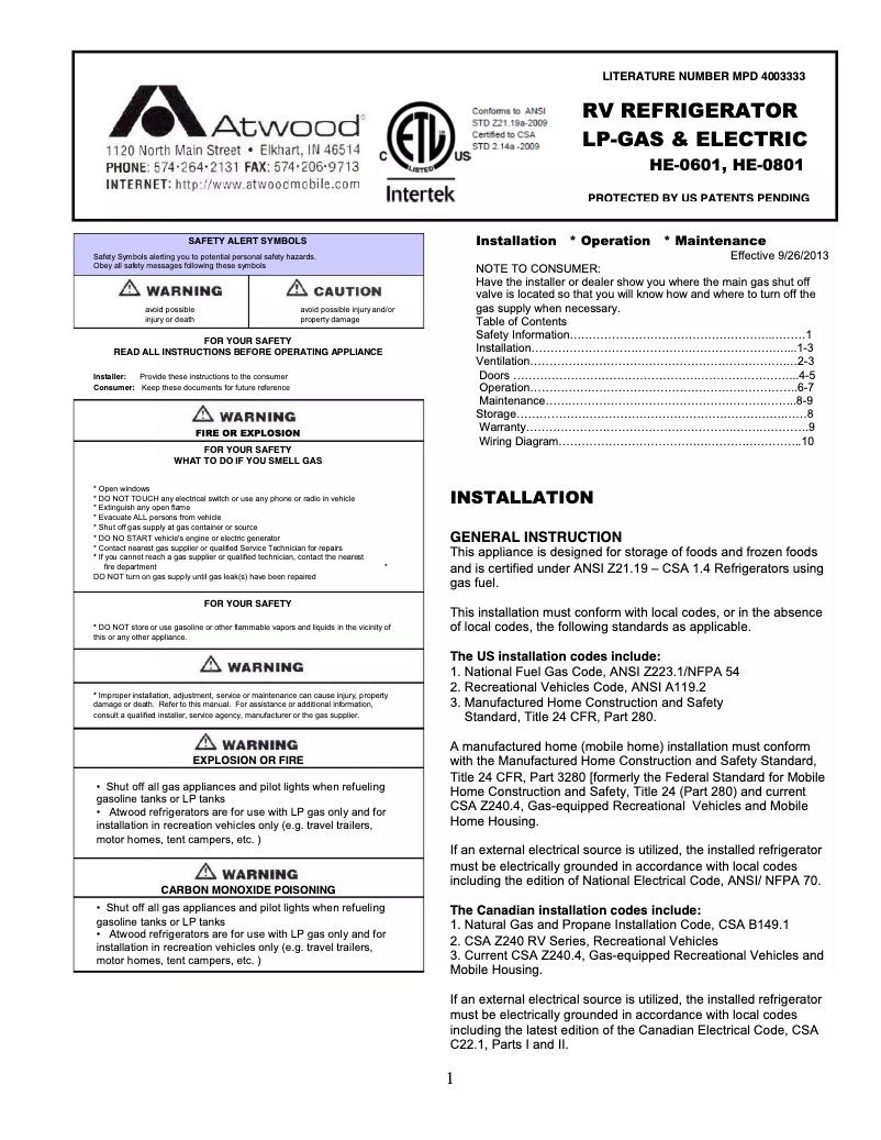 Page 1 of the manual User Manual Atwood HE-0601R