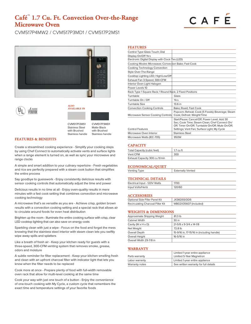 Página 1 del manual Ficha técnica GE Café CVM517P2MS1