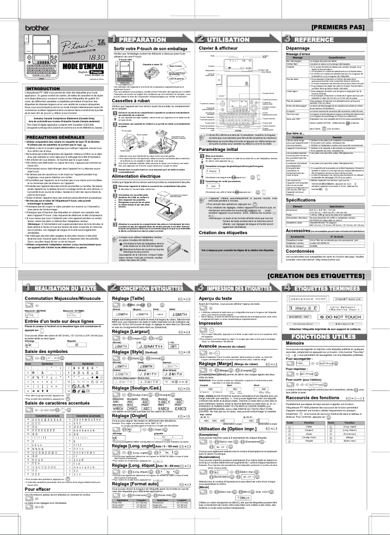Page 1 de la notice Manuel utilisateur Brother P-touch PT-1830