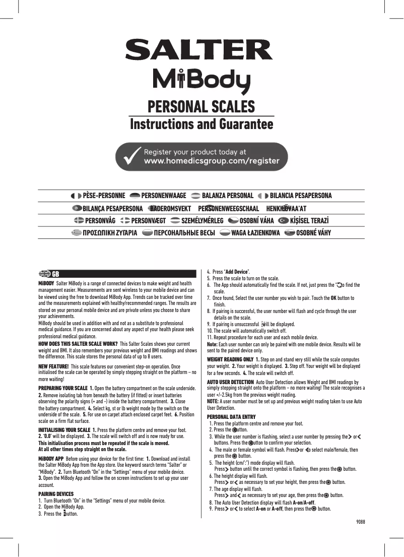 Page 1 de la notice Manuel utilisateur Salter 9088 WH3R