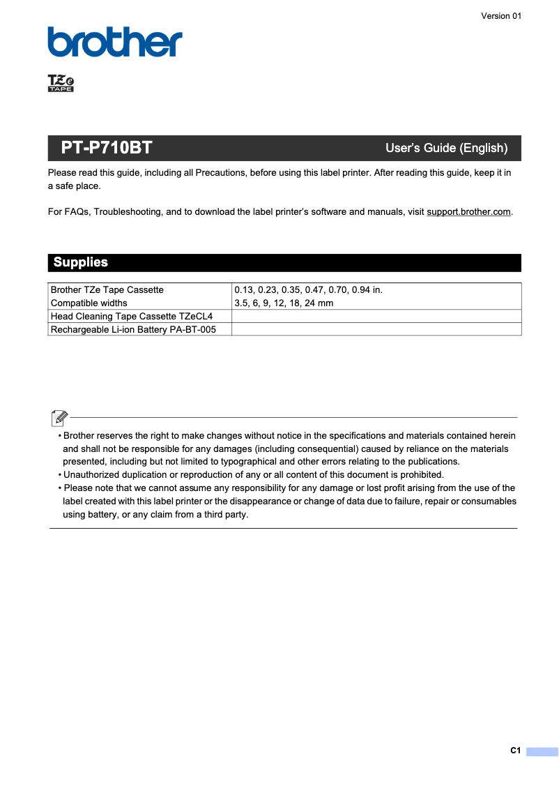 Page 1 de la notice Manuel utilisateur Brother P-Touch CUBE Plus PT-P710BT