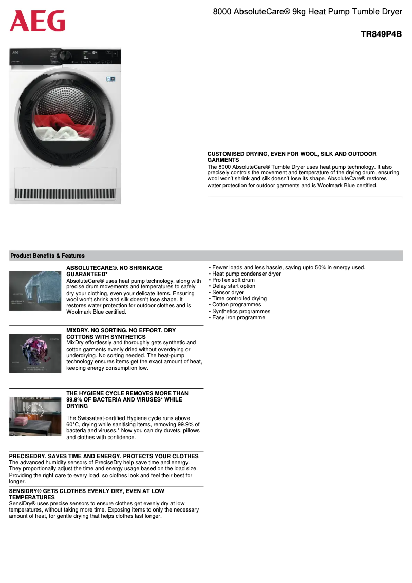 Página 1 del manual Ficha técnica AEG TR849P4B