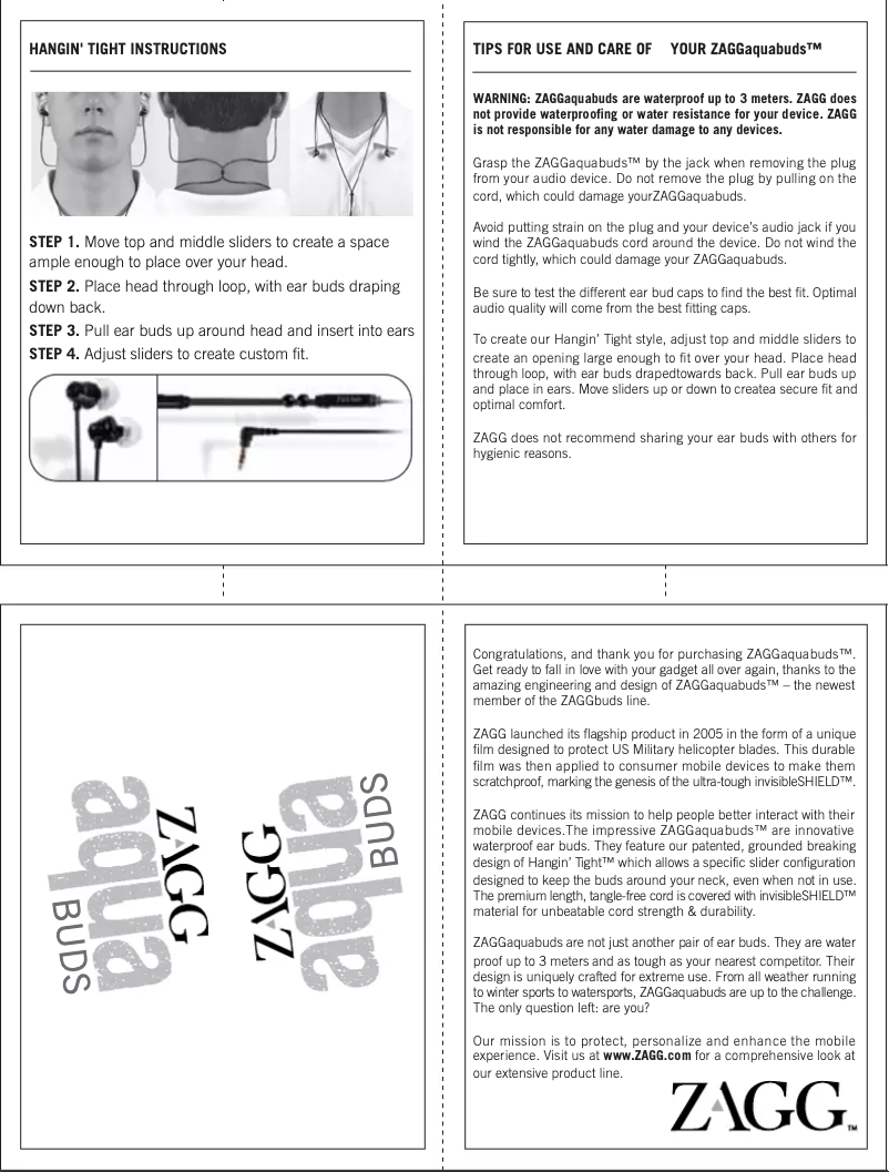 Page 1 de la notice Manuel utilisateur Zagg Aquabuds