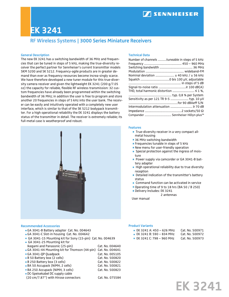 Page 1 de la notice Fiche technique Sennheiser EK 3241