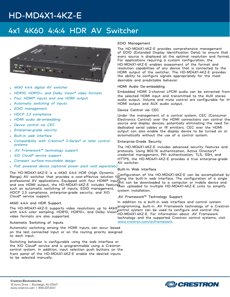 Page 1 de la notice Fiche technique Crestron HD-MD4X1-4KZ-E