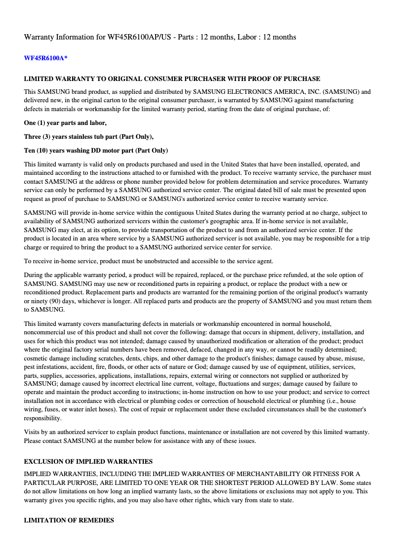 Página 1 del manual Información de garantía Samsung WF45R6100AP