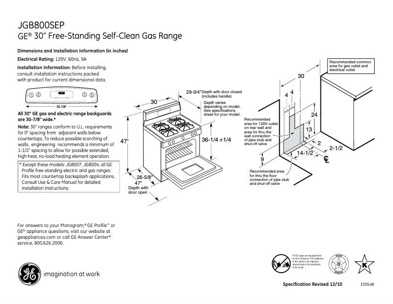 Page 1 of the manual Technical Sheet GE JGB800SEPSS