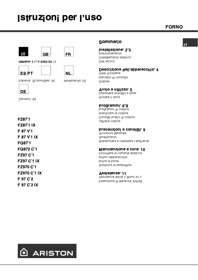 Page 1 de la notice Manuel utilisateur Ariston Thermo FQ 87.1