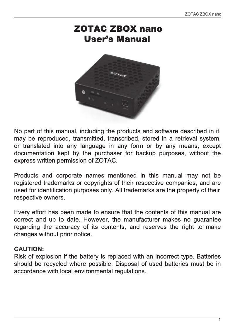 Page 1 of the manual User Manual Zotac ZBOX CI521 nano