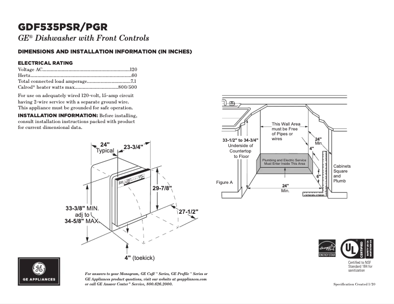 Page n°1 - Fiche technique GE GDF535PGRWW