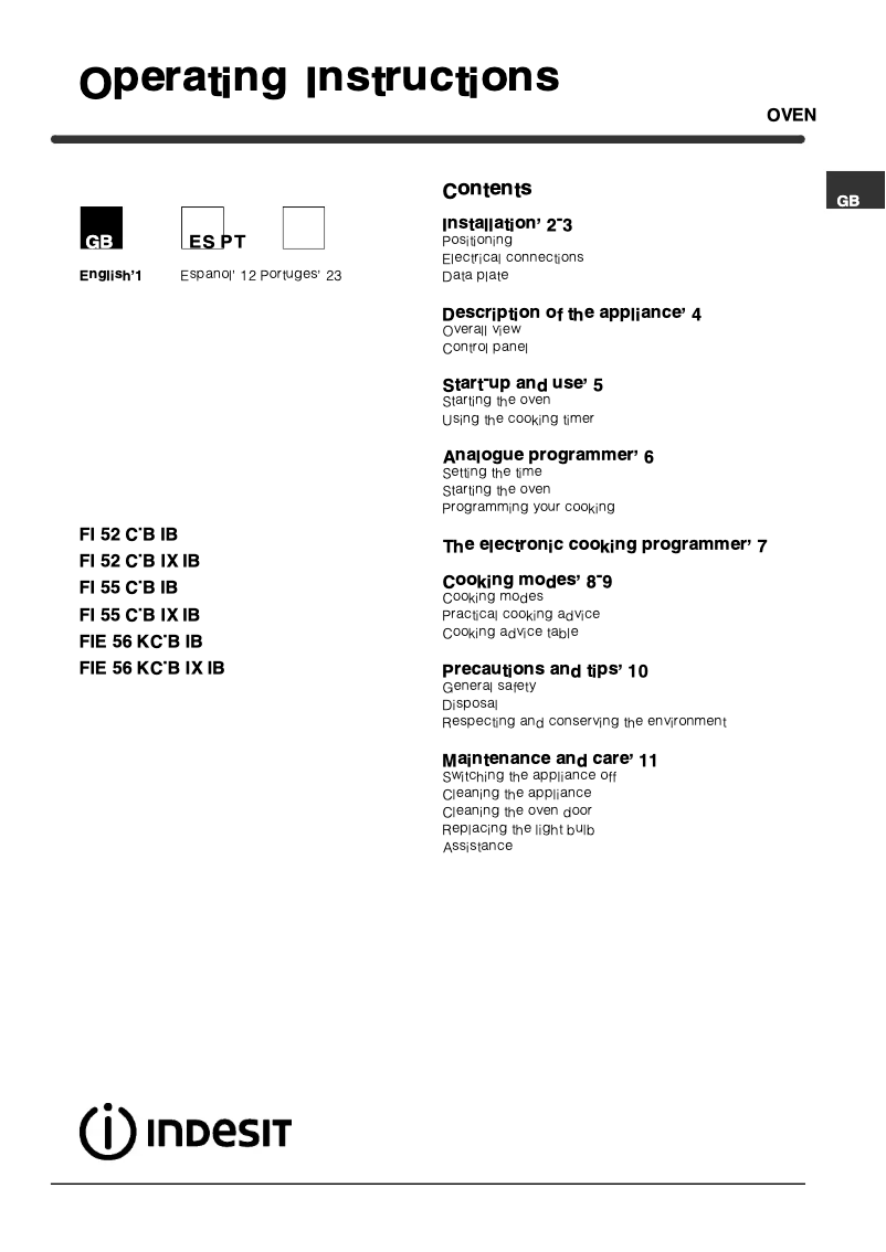 Page 1 de la notice Manuel utilisateur Indesit FI 52 C.B IX IB