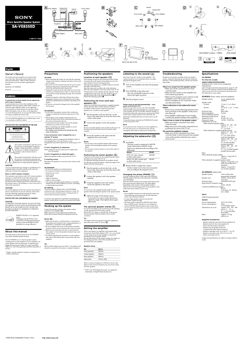 Page n°1 - Manuel utilisateur Sony SA-VE835ED