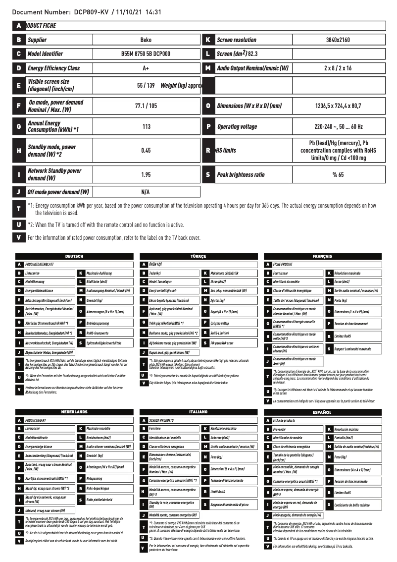 Page 1 de la notice Brochure Beko B55M 8750 5B