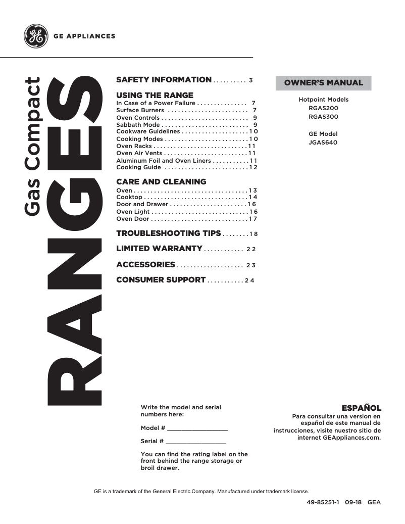 Page 1 of the manual Use and Maintenance Manual GE RGAS200DMWW