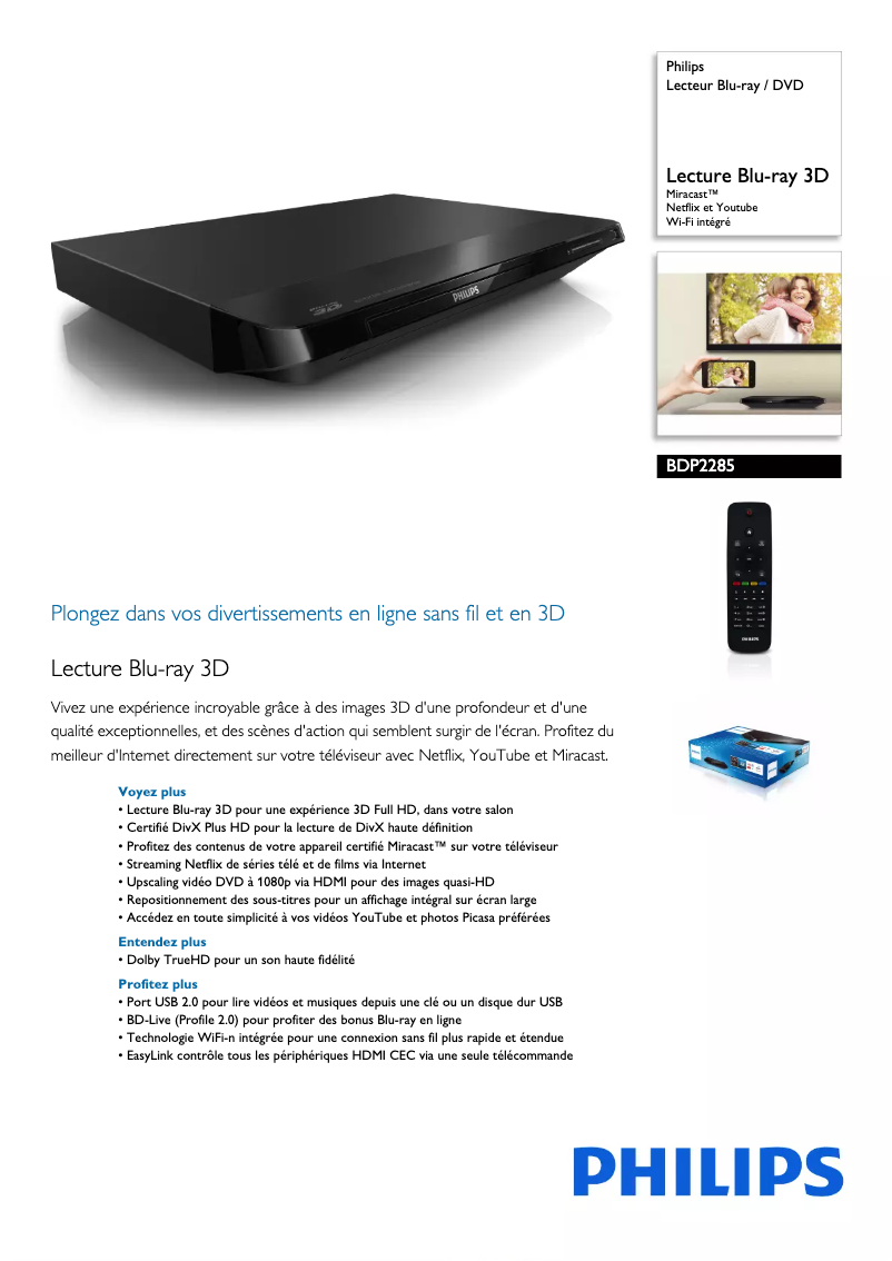 Page 1 de la notice Fiche technique Philips BDP2285