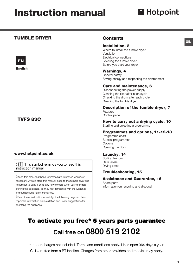 Page 1 of the manual User Manual Hotpoint TVFS 83C GP Aquarius