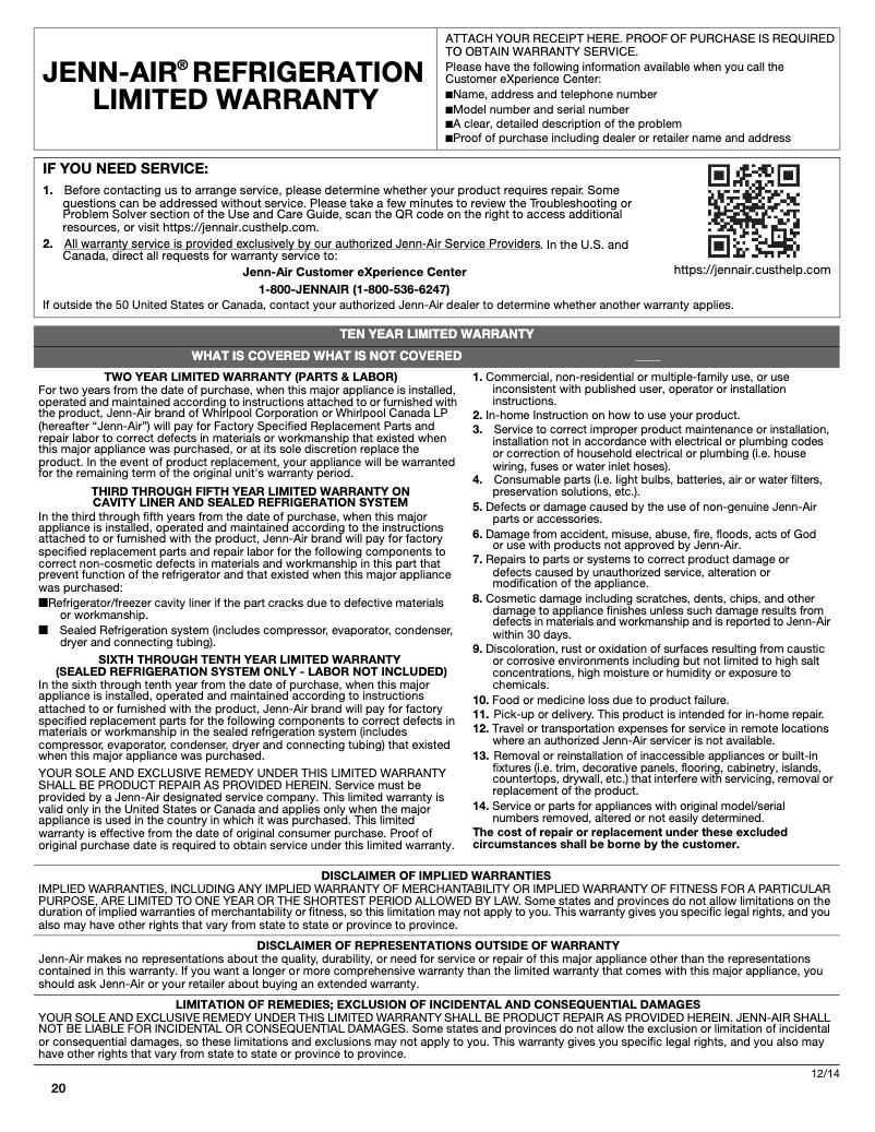 Page 1 of the manual Warranty Information JennAir JKCPL181GL