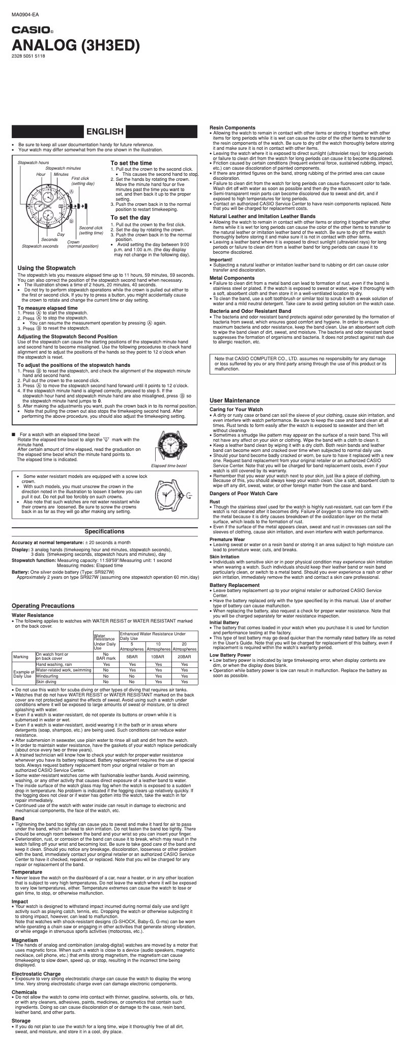 Page 1 de la notice Manuel utilisateur Casio AMW330D-1AV
