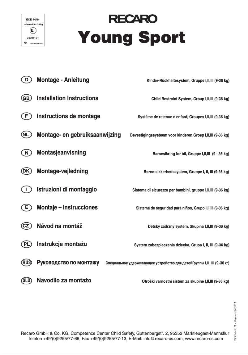 Page 1 de la notice Manuel utilisateur Recaro Young Sport Bellini