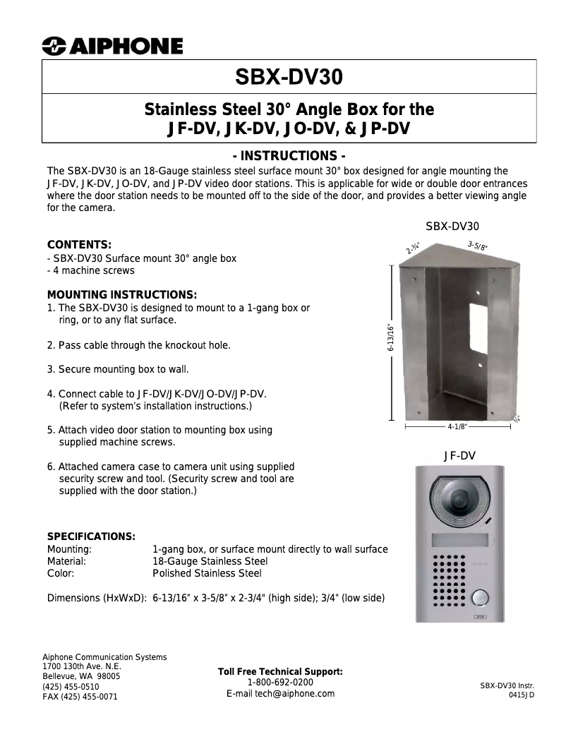 Page 1 of the manual User Manual Aiphone JPS-4AEDV