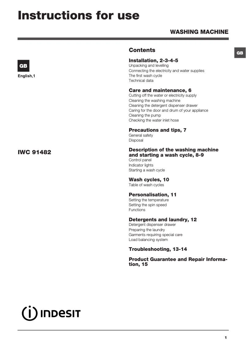 Page n°1 - Manuel utilisateur Indesit IWC 91482 ECO UK