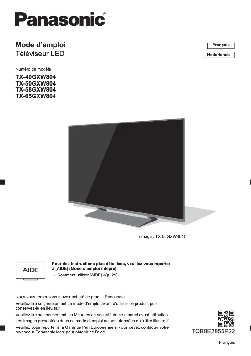 Page 1 of the manual Quick Start Guide Panasonic TX-58GXW804