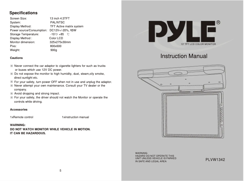 Page 1 of the manual User Manual Pyle PLVW1342R