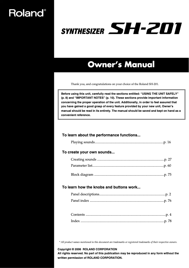 Page 1 de la notice Manuel utilisateur Roland SH-201