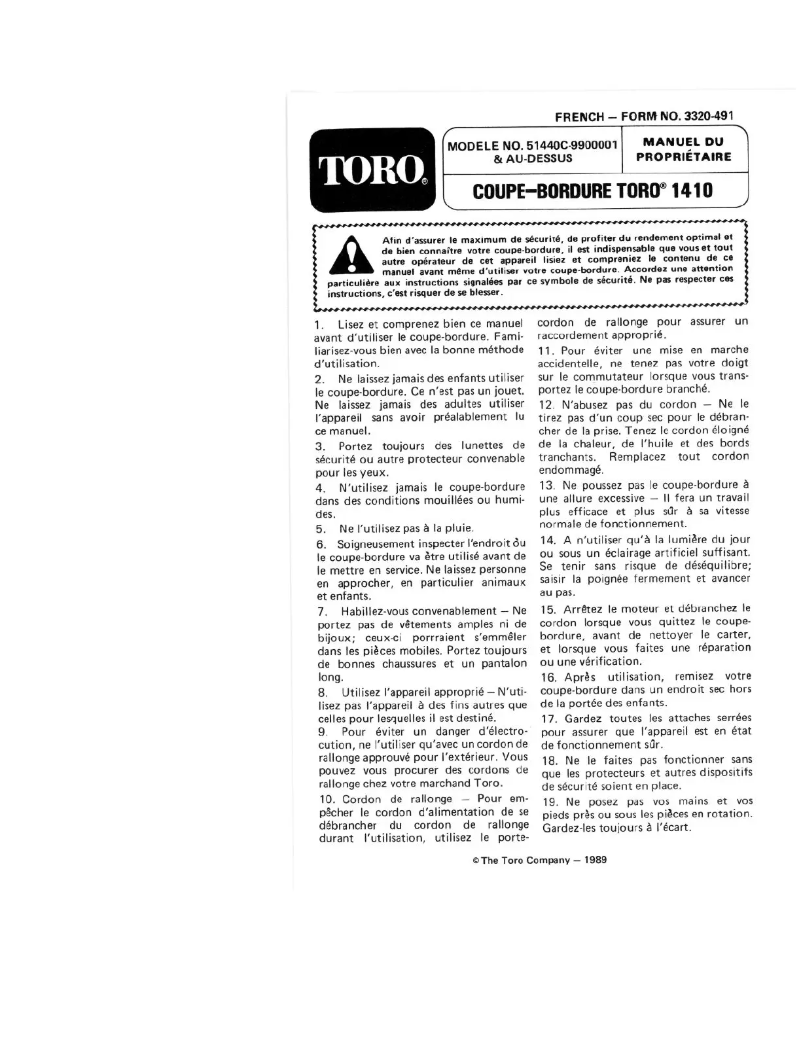 Page 1 de la notice Manuel utilisateur Toro 51440