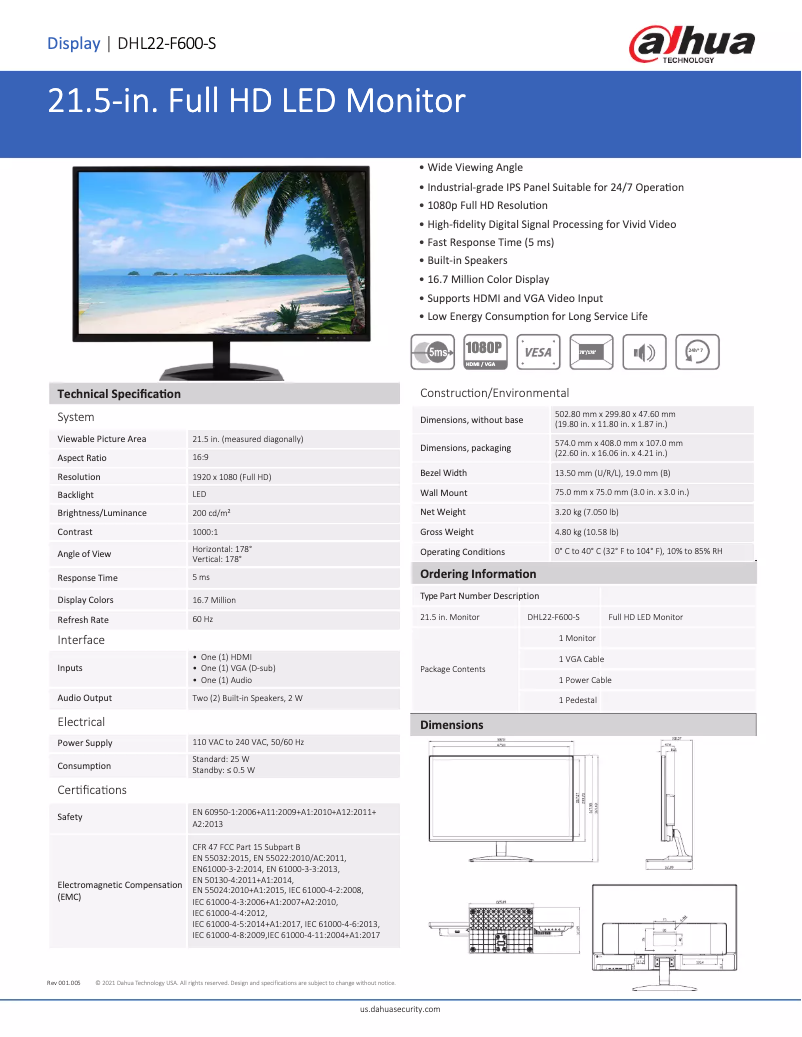 Page 1 de la notice Fiche technique Dahua Technology DHL22-F600-S