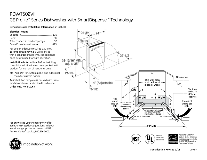 Page n°1 - Fiche technique GE Profile PDWT502VII