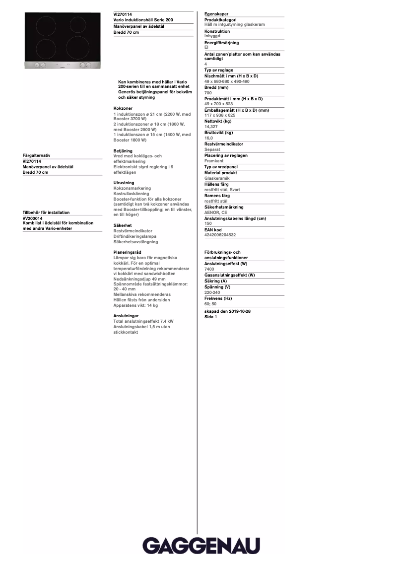 Page 1 de la notice Manuel utilisateur Gaggenau VI270114
