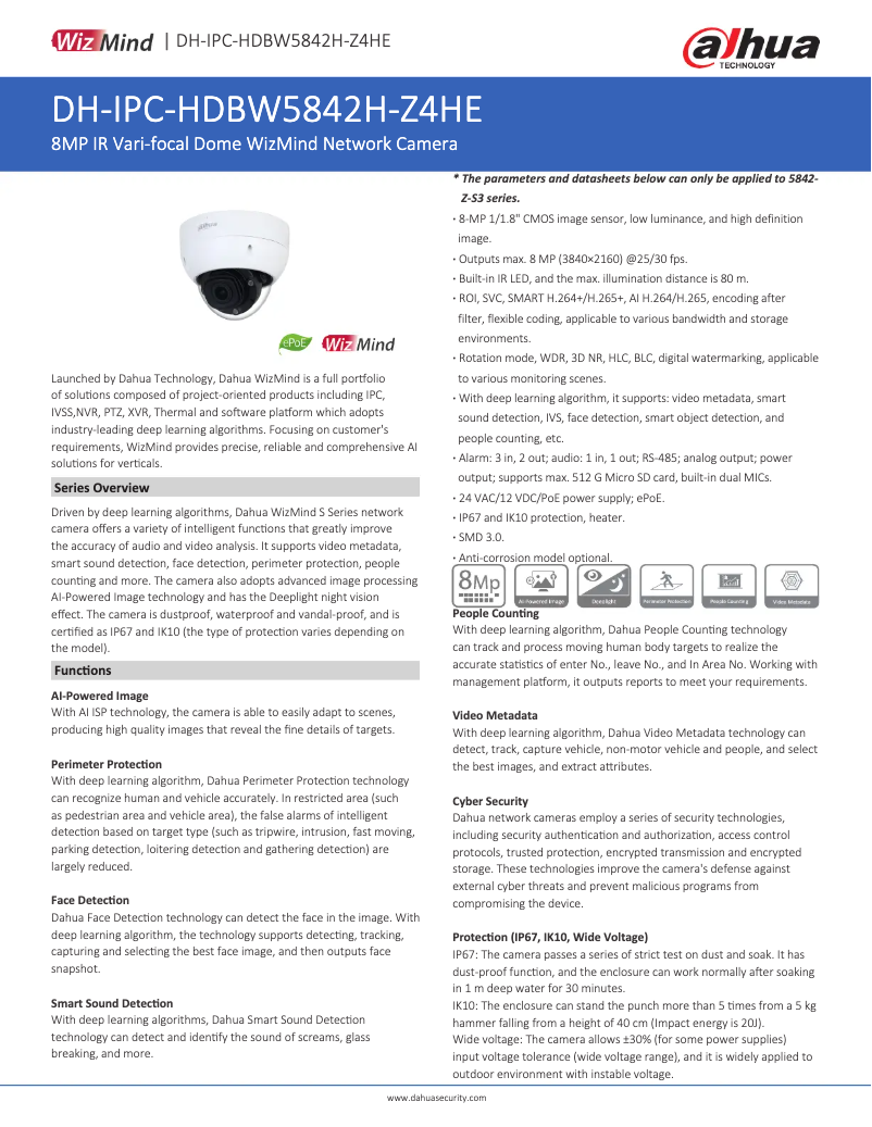 Page 1 de la notice Fiche technique Dahua Technology IPC-HDBW5842H-Z4HE